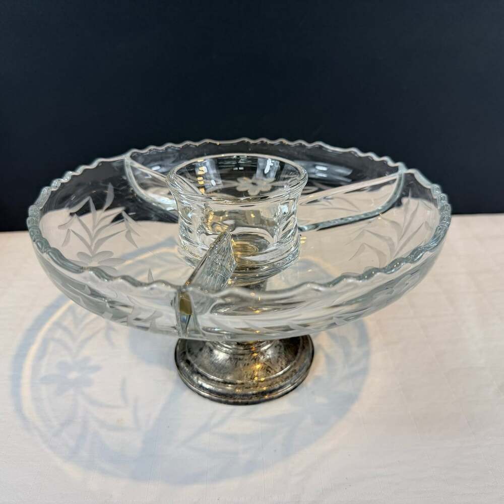 Sterling Base etched glass Round Server by Frank M. Whiting & Company #2052